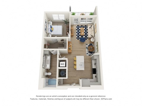 Floor plan for 1 bed, 1 bath, 769 sqft